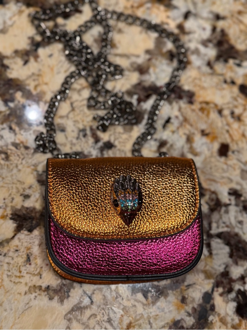 Kurt Geiger NWOT Metallic Orange & Fuchsia Leather Mini Crossbody Gem Eagle Head